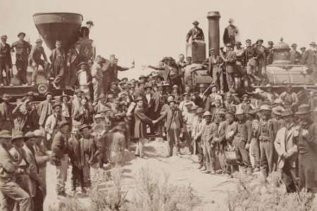 The ceremony for the driving of the golden spike